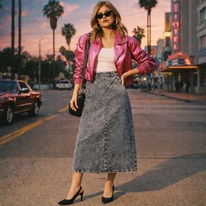 Rivington Vintage Blue Acid Wash Denim Midi Skirt Size 12 Retro 80s Streetwear